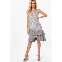 stripe gingham mix ruffle detail dress black