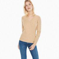 stretch cotton v neck jumper lt camel mel