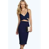 strappy cross front midi bodycon dress navy