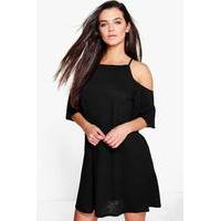 Strappy Textured Cold Shoulder Swing Dress - black