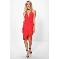 strappy knot and drape midi dress red