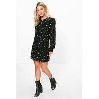 Star Print Shirt Dress - black