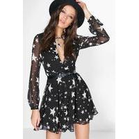 star print wrap skater dress black