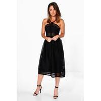 Striped Panelled Strappy Skater Dress - black