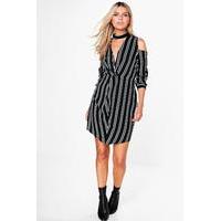 Stripe Plunge Cold Shoulder Shift Dress - black