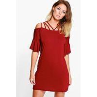 strappy neck flare sleeve dress berry