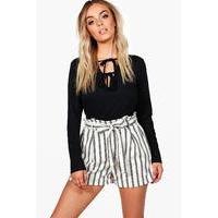 Striped Tie Belt Smart Shorts - ivory