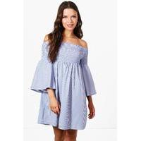 Stripe Off Shoulder Sun Dress - blue
