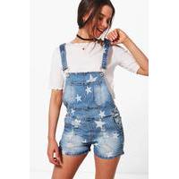 star print denim dungaree shorts mid blue