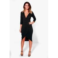 Strutured Shoulder Plunge Midi Dress - black