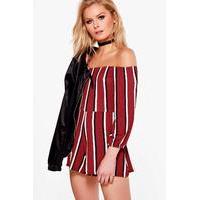 Striped Off The Shoulder Playsuit - berry
