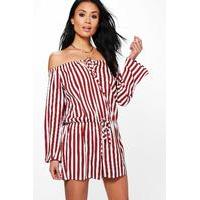 Striped Off The Shoulder Playsuit - berry