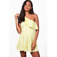 Striped One Shoulder Frill Playsuit - yellow