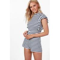 Striped Frill Sleeve Playsuit - multi