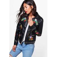 Studded Embroidered Faux Leather Biker - black