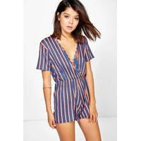 Striped Capped Sleeve Wrap Front Playsuit - blue
