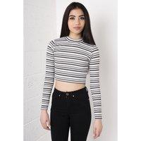 Striped Monochrome High Neck Long-Sleeved Crop top