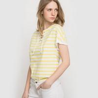 Striped T-Shirt with Pretty Lace-up Neckline