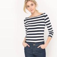 Striped Cotton T-Shirt with 3/4 Sleeves