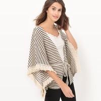 Striped Poncho Style Cardigan with Drawstring Waist