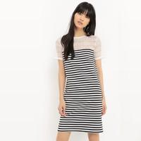 striped shift dress with lace bodice