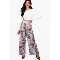 Striped Floral Print Wide Leg Trousers - pink