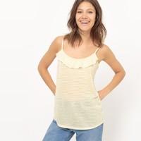 Striped Vest Top with Shoestring Straps and Ruffle Trim
