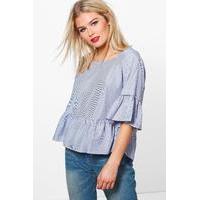 Stripe Ruffle Smock Top - blue