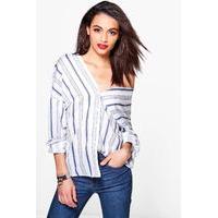 Striped Button Through Collarless Shirt - blue