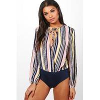 stripe wrap front long sleeve body multi