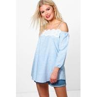 stripe crochet trim woven top blue