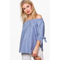stripe woven tie sleeve off the shoulder top blue