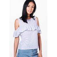 Stripe Pearl Trim Ruffle Top - blue