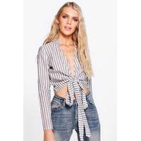 Striped Cotton Tie Front Blouse - blue