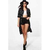 Star Print Drawstring Kimono - black