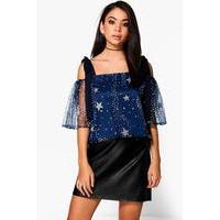 Star Sequin Shoulder Floaty Top - navy