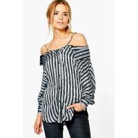 striped open shoulder shirt black