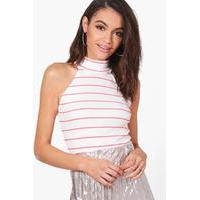 Stripe Turtle Neck Sleeveless Top - pink