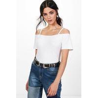 Strap Shoulder Bardot Knitted Top - cream