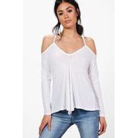 Strappy Cold Shoulder Ribbed T-Shirt - white