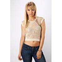 stud embellished perforated crop top