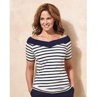 Stripe Short Sleeve V Neck Bardot Top