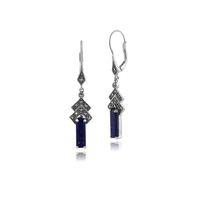 Sterling Silver Art Deco 2.44ct Lapis Lazuli & Marcasite Drop Earrings