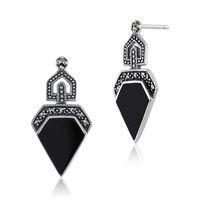 Sterling Silver 3ct Black Onyx & 0.25ct Marcasite Classic Art Deco Drop Earrings