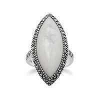 Sterling Silver Art Deco Mother of Pearl & Marcasite Statement Ring