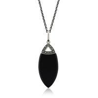 Sterling Silver 7.00ct Black Onyx & 8pt Marcasite Art Deco 45cm Necklace