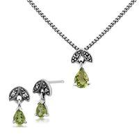 Sterling Silver Peridot & Marcasite August Stud Earring & 45cm Necklace Set