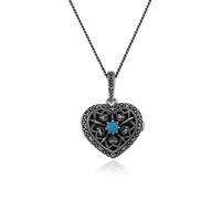 Sterling Silver Turquoise & Marcasite December Birthstone Heart Locket Necklace