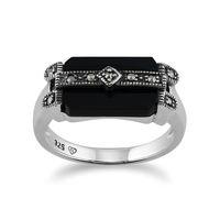 Sterling Silver Art Deco 2.5ct Black Onyx & Marcasite Ring