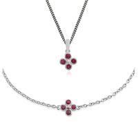 Sterling Silver Ruby Cluster 45cm Necklace & 19cm Bracelet Set